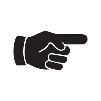 Dynamic black silhouette of a human hand with an extended index finger clearly pointing right, symbolizing direction, selection, and navigation vector