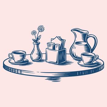 dos café tazas y un lanzador en un redondo mesa con un florero de flores y servilleta poseedor platillos vector