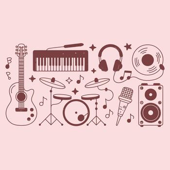 granate musical instrumentos y objetos en ligero rosado antecedentes guitarra teclado vector