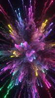 che esplode colorato polvere nube nel lento movimento con neon leggero striature contro nero sfondo video