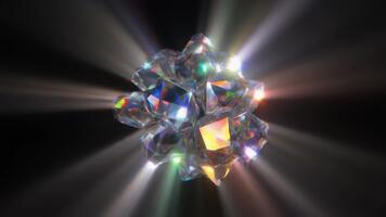 radiante diamante pietra preziosa che esplode con leggero e colore nel buio ambiente video