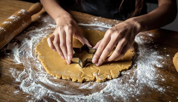 Close Up of Hands Cutting Gingerbread Star Cookies from Rolled Dough on a Floured Wooden Table photo