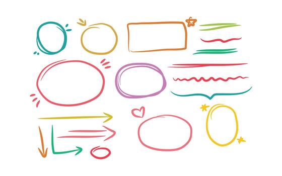 Colorful hand drawn highlight shapes and doodle sketch elements for creative design projects vector
