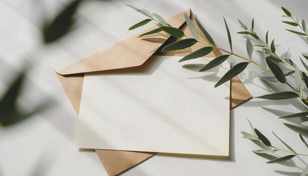 Greeting Card and Envelope Mockup with Sprig Foliage on White Background photo
