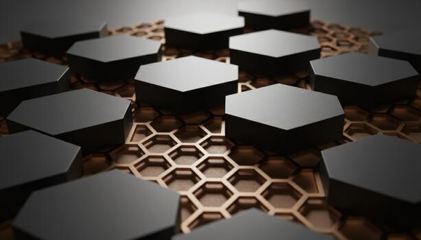 Minimalist yet Complex Hexagonal Grid Scene with Dark Block Shapes on Copper Honeycomb Base photo