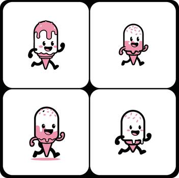 Collection of four adorable running ice cream cone mascots with sprinkles, a cartoon character design set in a cute kawaii style vector