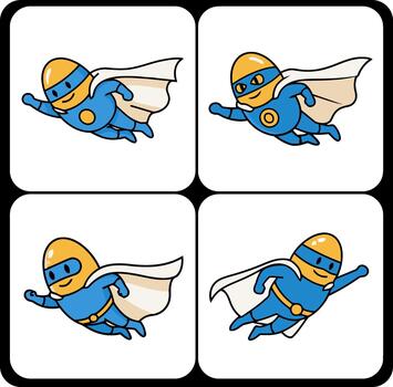 Set of four cartoon superhero robot characters in various dynamic flying poses for mascot or design elements vector