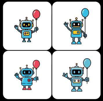 Collection of a cute friendly android character in four different poses and gestures, holding a colorful balloon. mascot illustration set vector