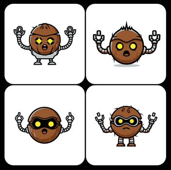 Coconut Robot Characters in Four Different Poses on White Backgrounds vector