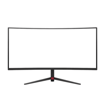 Modern curved computer monitor featuring a blank transparent screen for mockup purposes. Realistic front view of a widescreen display isolated on a stand png
