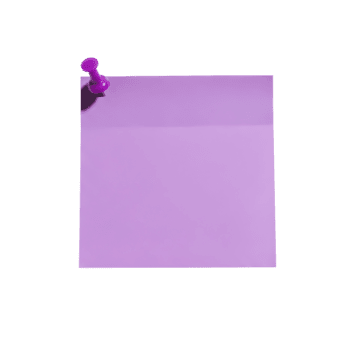 3d framställa av en tom lila klibbig notera hölls förbi en matchande kartnål. isolerat fyrkant kontor PM med kopia Plats på en transparent bakgrund för meddelanden png