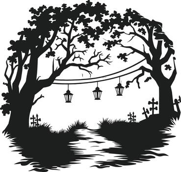 Silhouette of Spooky Forest Path with Lanterns and Graveyard vector