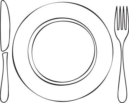 Simple sketch of a plate with knife and fork vector