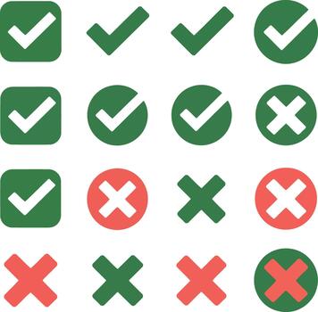 Collection of green checkmarks and red crosses in various shapes vector