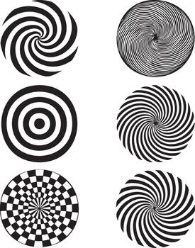 Six black and white optical illusion circles with swirling patterns vector