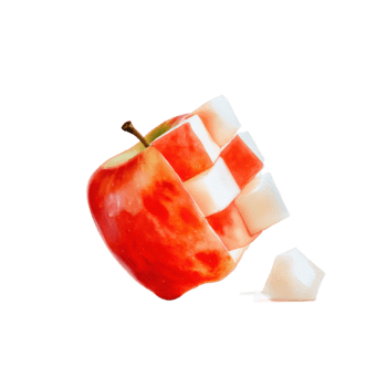 Watercolor red apple partially cut into a unique checkerboard pattern, with a few white pieces next to it, isolated on transparent background png
