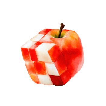 acuarela creativo concepto de un rojo manzana parcialmente transformado dentro un rubiks cubo, exhibiendo un mezcla de naturaleza y rompecabezas, aislado en transparente antecedentes png