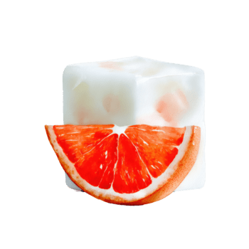 Watercolor fresh ruby red grapefruit slice with a vibrant citrus texture, positioned in front of a translucent white ice cube, isolated on transparent background png