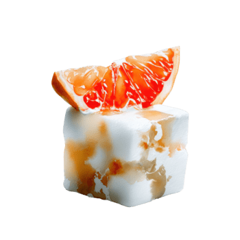 vattenfärg färsk grapefrukt skiva vilar på en genomskinlig, mönstrad kub, isolerat på transparent bakgrund png