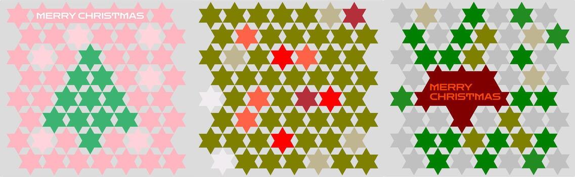 Three juxtaposed square patterns, composed of tightly arranged six-pointed stars, are displayed against a light gray background, creating a pixel art aesthetic. vector