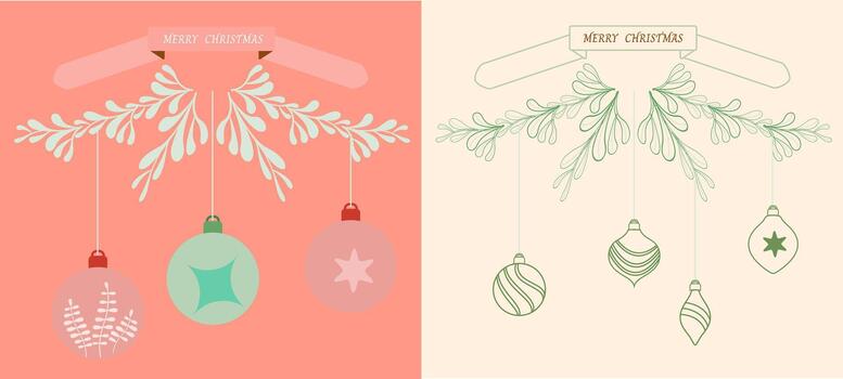 A preview of a minimalist Christmas graphic showing a pastel color-filled version and a green line art version of holiday branches and hanging ornaments. vector