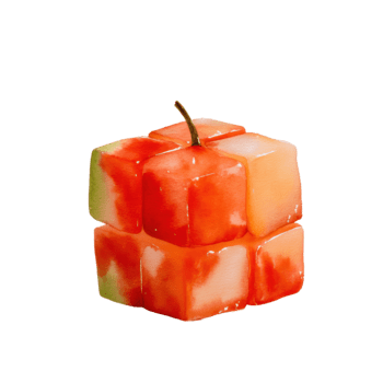 vattenfärg kubisk frukt skapande liknar en vattenmelon eller äpple, noggrant anordnad in i en unik kub form, isolerat på transparent bakgrund png