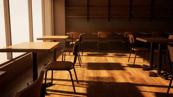tömma Kafé stolar och tabeller i främre av en fönster video
