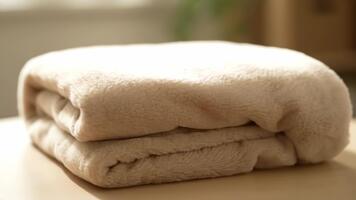 en vikta filt på en tabell i främre av en fönster video