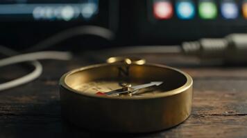 A compass on a table with a computer screen behind it video