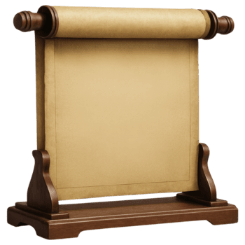 An ancient blank parchment scroll unrolled on a dark wooden display stand on a transparent background png