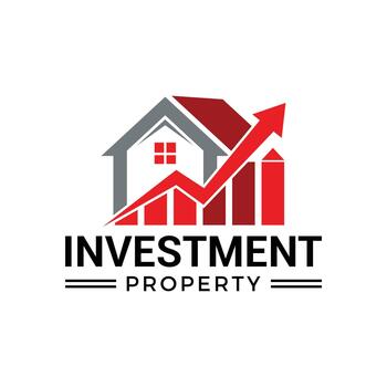 Investment property logo with house and upward trending arrow and bar graph elements in red and gray vector