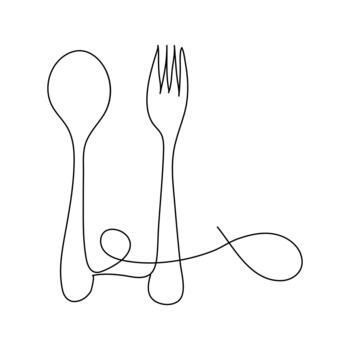 uno línea dibujo de un cuchillo y tenedor en un continuo contorno estilo para moderno cocina temática Arte vector