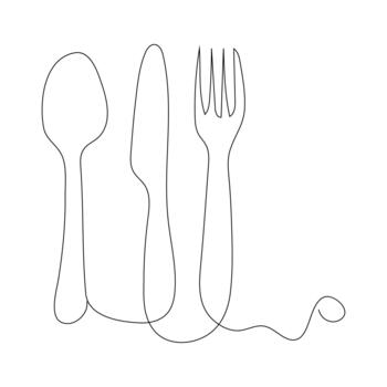 continuo soltero línea cuchillo y tenedor contorno ilustración en un sencillo limpiar mínimo comida utensilio diseño vector