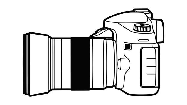 Black and white line drawing of a modern dslr camera with a zoom lens attached vector