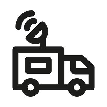 News Van Icon. Modern professional minimal line graphic illustrating mobile journalism, broadcasting, media coverage and on-site reporting vector