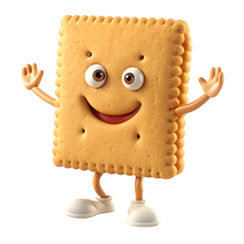 Funny cartoon square cracker character with happy face and waving arms isolated on transparent background png