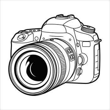 Detailed line drawing of a professional digital slr camera with a large lens vector