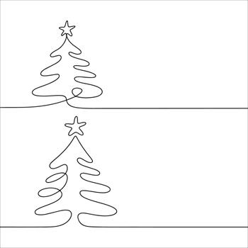 Minimalist continuous line drawing of two Christmas trees with stars vector