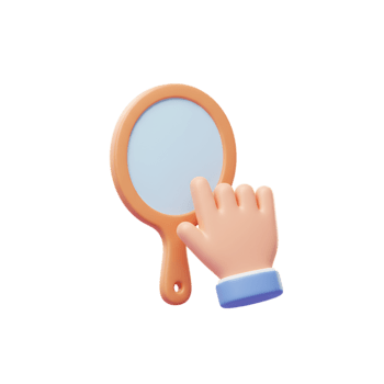 utforska självbild en vibrerande 3d återges hand markören interagerar med en kompakt handhållen spegel, symboliserar begrepp av personlig reflexion, digital skönhet appar, och Självbedömning uppkopplad png