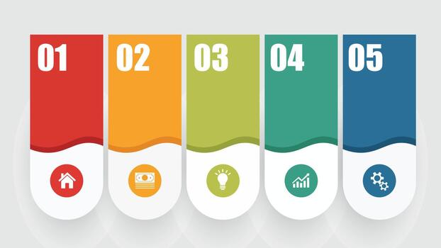 Colorful infographic template with five steps and icons, isolated on white background vector