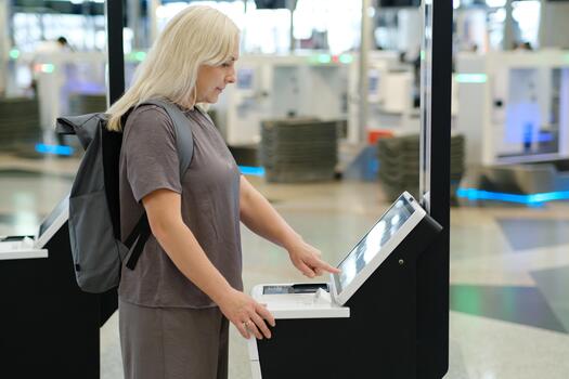 Woman using self-check-in kiosk at airport terminal while preparing for an upcoming flight in a busy travel environment. photo