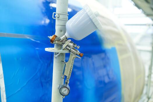 Spray gun and pressure gauge in a workshop for applying paint on aircraft components, showcasing modern craftsmanship and precision tools in use photo