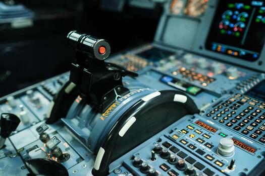 Control panel of an aircraft cockpit with various buttons, levers, and displays during a flight simulation photo