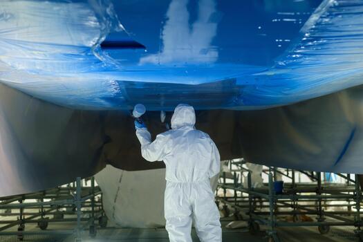 Worker applies blue paint to the underside of a boat in a well-lit workshop during daytime, ensuring precise and even coverage for protective finishing photo