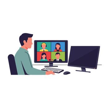 Person on a Call Connecting with Colleagues on Computer Screen vector