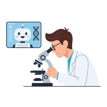 Scientist Using Microscope with AI and DNA on Screen vector