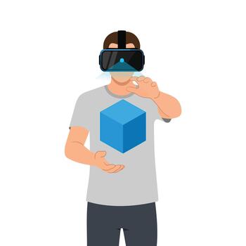 Man in VR Headset Interacting with Digital Cube in Virtual Space vector