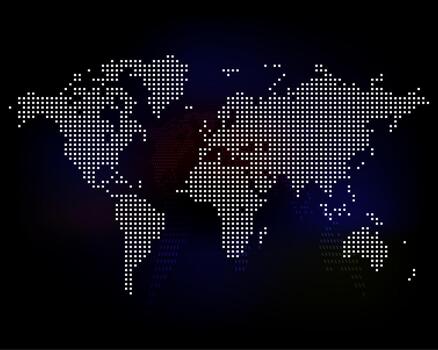 Square shape dot pattern world map. Square dot pattern digital global world map. Square dotted world map in halftone style showing continents and countries representation with geographic layout. vector