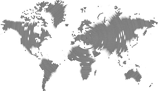 Digital global infographic world map with geometric round dotted pattern art forming the shapes of countries and continents. Halftone square dot pattern world map for designers vector