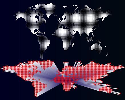 Dotted world map. Geometric round circle dot pattern digital global world map. Dotted world map in halftone style showing continents and countries. Atlas style representation with geographic layout. vector